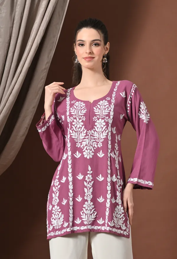 Lucknowi_Chikankari_Short_Kurta_in_Rayon_-_Onion_Pink