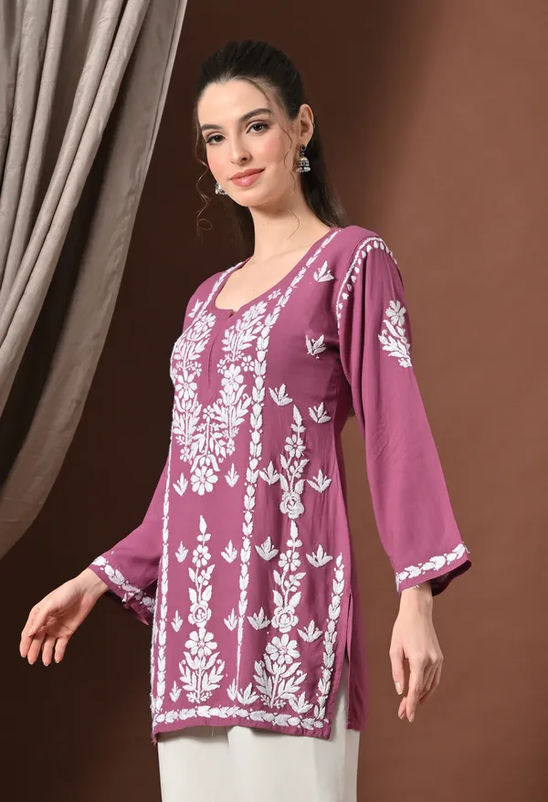 Lucknowi_Chikankari_Short_Kurta_in_Rayon_-_Onion_Pink
