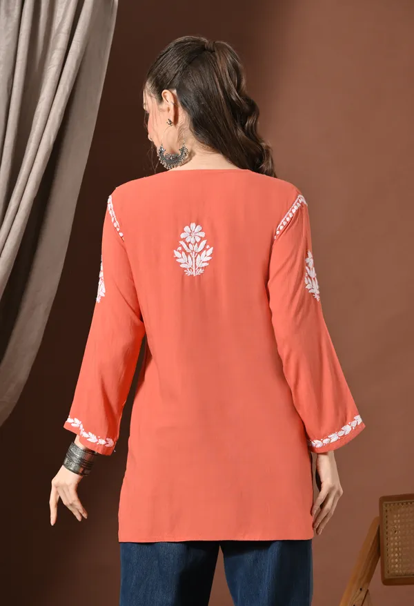Lucknowi_Chikankari_Short_Kurta_in_Rayon_-_Peach