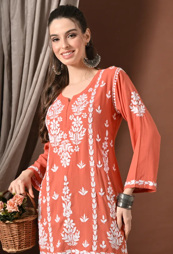 Lucknowi_Chikankari_Short_Kurta_in_Rayon_-_Peach