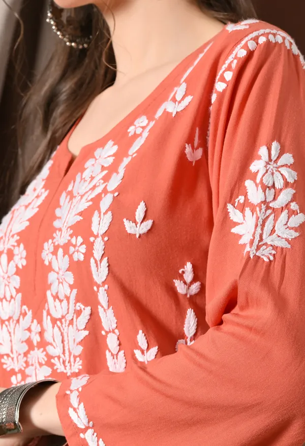 Lucknowi_Chikankari_Short_Kurta_in_Rayon_-_Peach