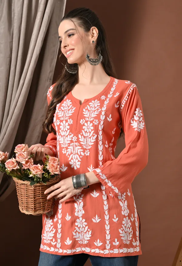 Lucknowi_Chikankari_Short_Kurta_in_Rayon_-_Peach