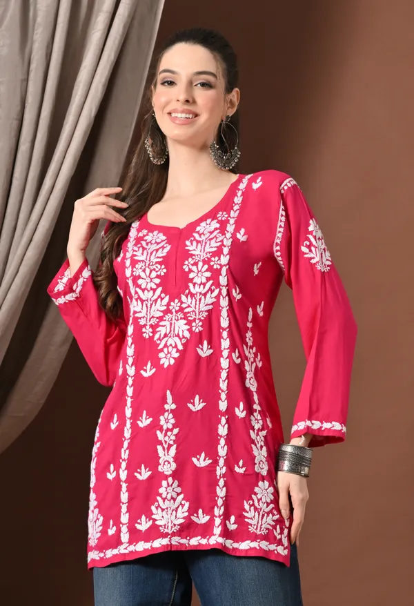 Lucknowi_Chikankari_Short_Kurta_in_Rayon_-_Rani_Pink