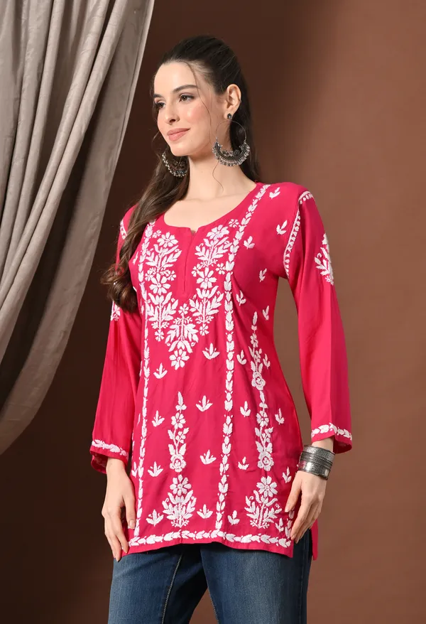 Lucknowi_Chikankari_Short_Kurta_in_Rayon_-_Rani_Pink