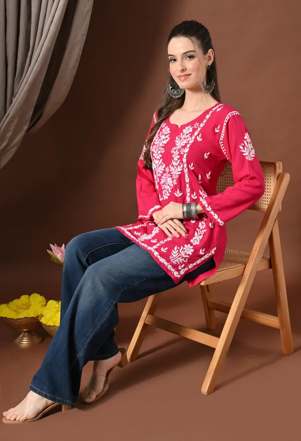Lucknowi_Chikankari_Short_Kurta_in_Rayon_-_Rani_Pink