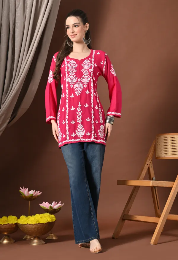 Lucknowi_Chikankari_Short_Kurta_in_Rayon_-_Rani_Pink