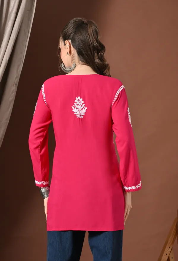 Lucknowi_Chikankari_Short_Kurta_in_Rayon_-_Rani_Pink