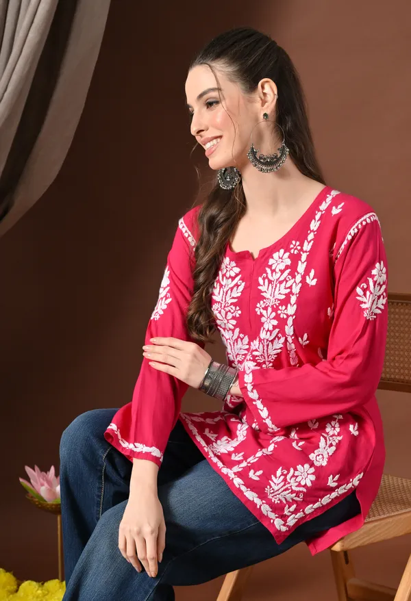 Lucknowi_Chikankari_Short_Kurta_in_Rayon_-_Rani_Pink