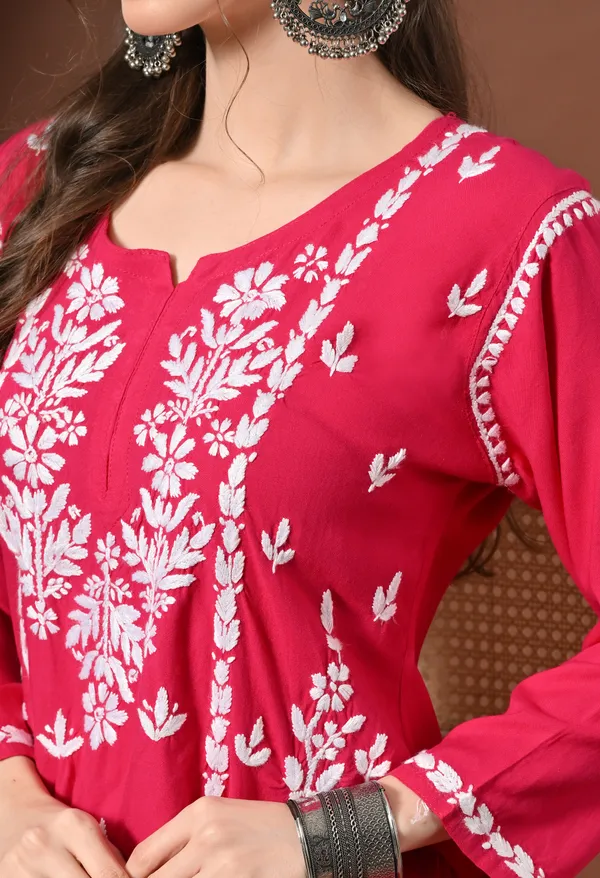Lucknowi_Chikankari_Short_Kurta_in_Rayon_-_Rani_Pink