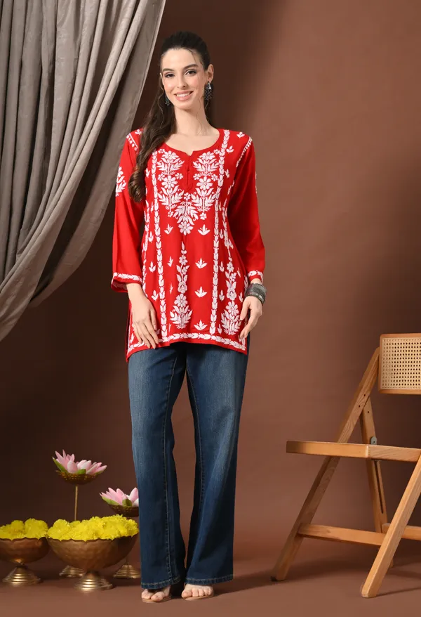 Lucknowi_Chikankari_Short_Kurta_in_Rayon_-_Red