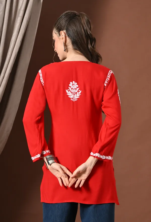 Lucknowi_Chikankari_Short_Kurta_in_Rayon_-_Red