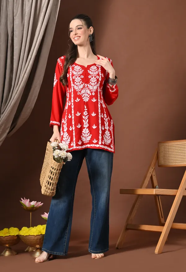 Lucknowi_Chikankari_Short_Kurta_in_Rayon_-_Red