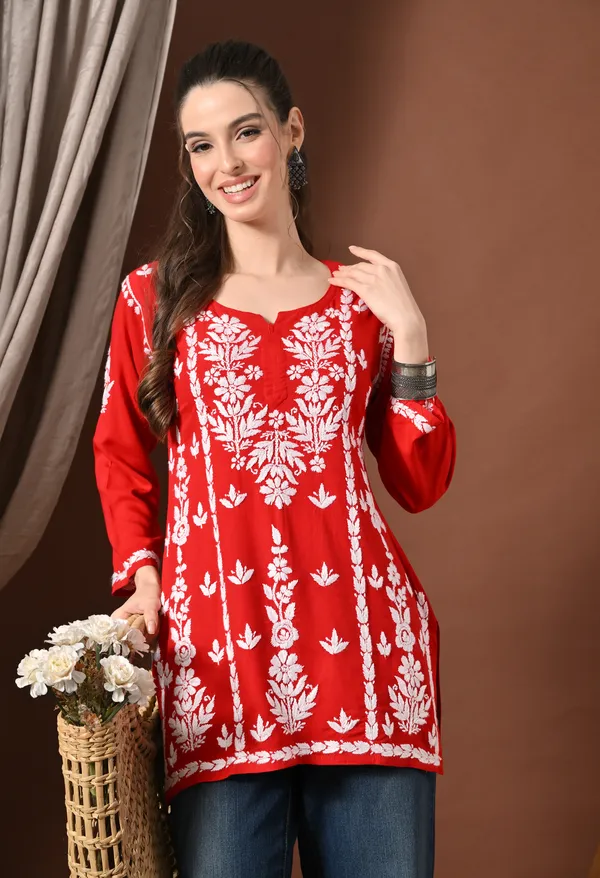 Lucknowi_Chikankari_Short_Kurta_in_Rayon_-_Red
