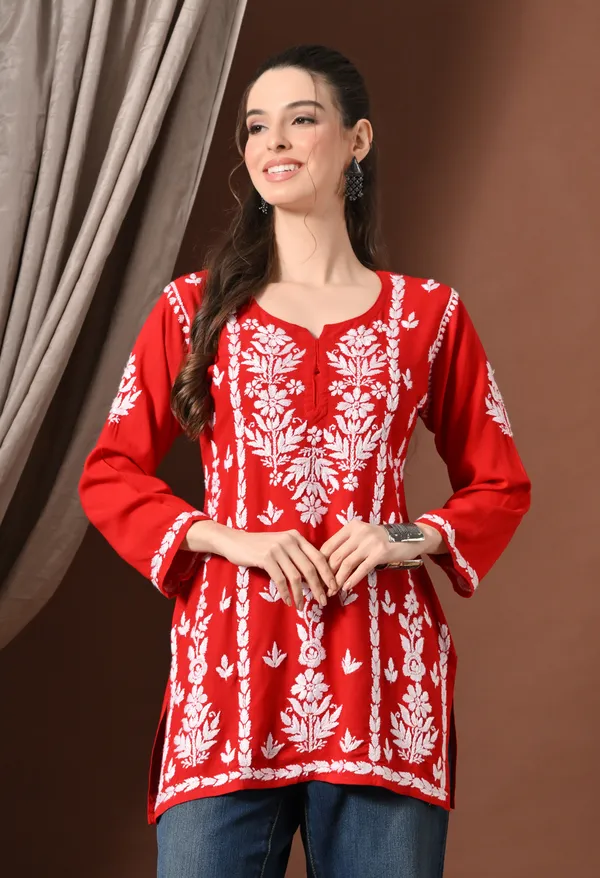 Lucknowi_Chikankari_Short_Kurta_in_Rayon_-_Red