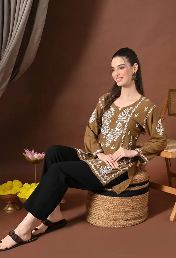 Lucknowi_Chikankari_Short_Kurta_in_Rayon_-_Taupe