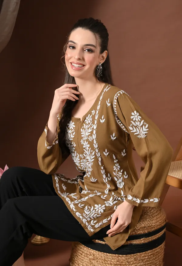 Lucknowi_Chikankari_Short_Kurta_in_Rayon_-_Taupe