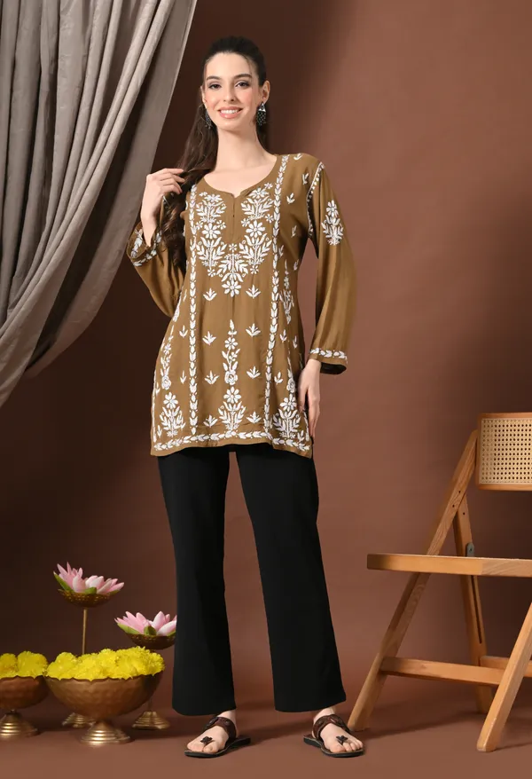 Lucknowi_Chikankari_Short_Kurta_in_Rayon_-_Taupe