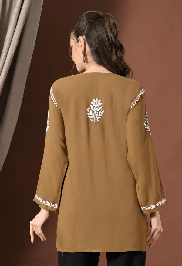 Lucknowi_Chikankari_Short_Kurta_in_Rayon_-_Taupe