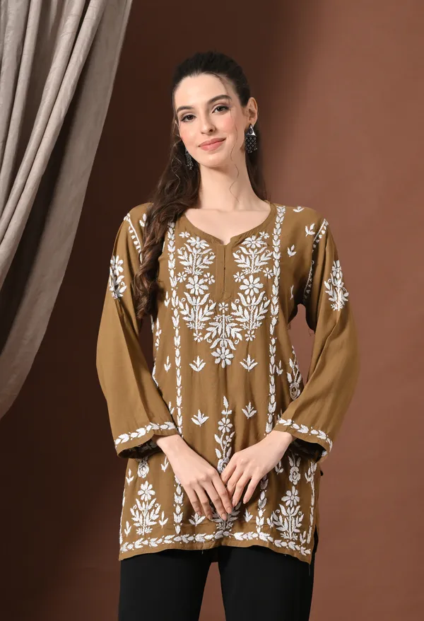 Lucknowi_Chikankari_Short_Kurta_in_Rayon_-_Taupe