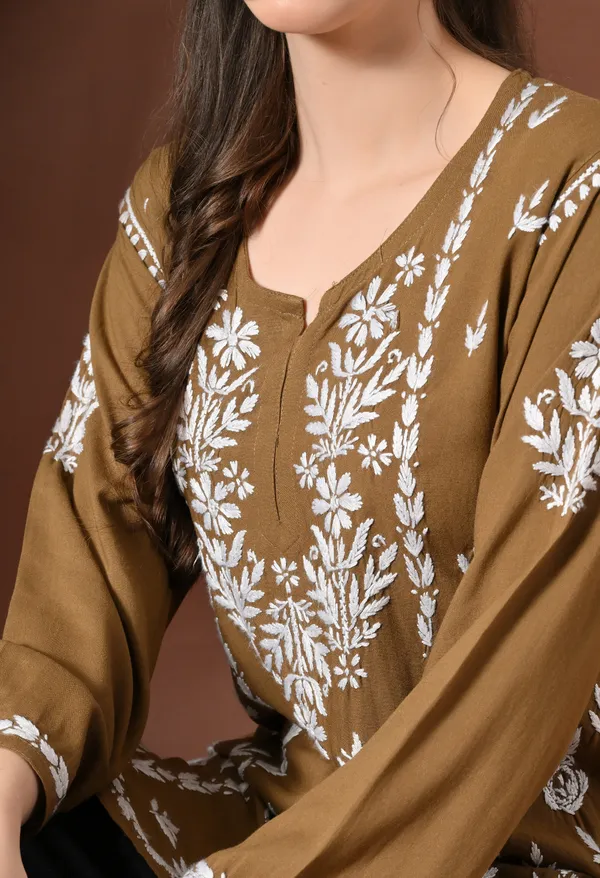 Lucknowi_Chikankari_Short_Kurta_in_Rayon_-_Taupe