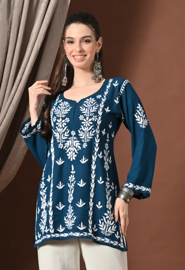 Lucknowi_Chikankari_Short_Kurta_in_Rayon_-_Teal