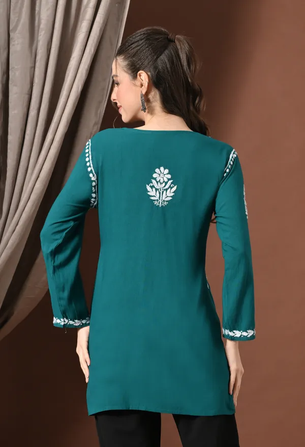 Lucknowi_Chikankari_Short_Kurta_in_Rayon_-_Teal_Green