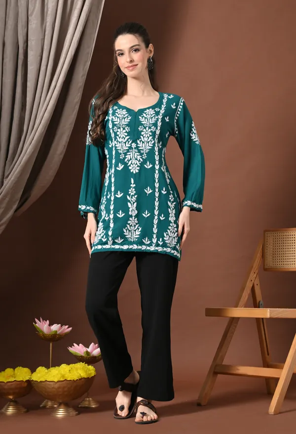 Lucknowi_Chikankari_Short_Kurta_in_Rayon_-_Teal_Green