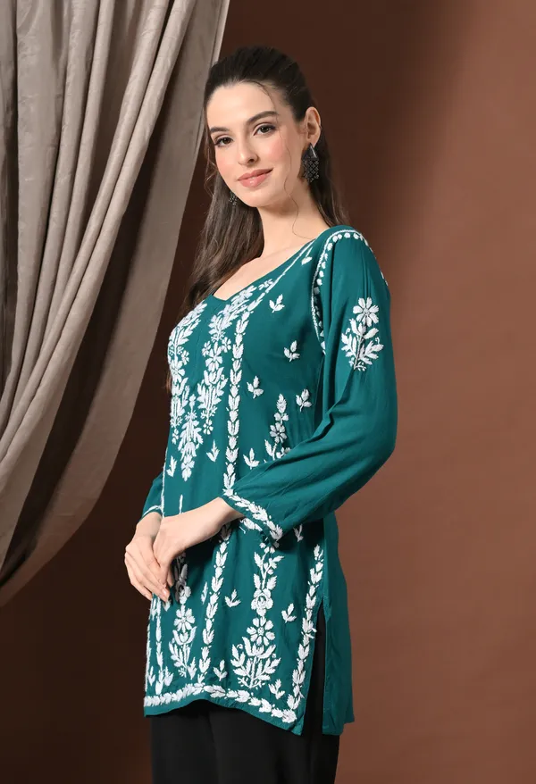 Lucknowi_Chikankari_Short_Kurta_in_Rayon_-_Teal_Green