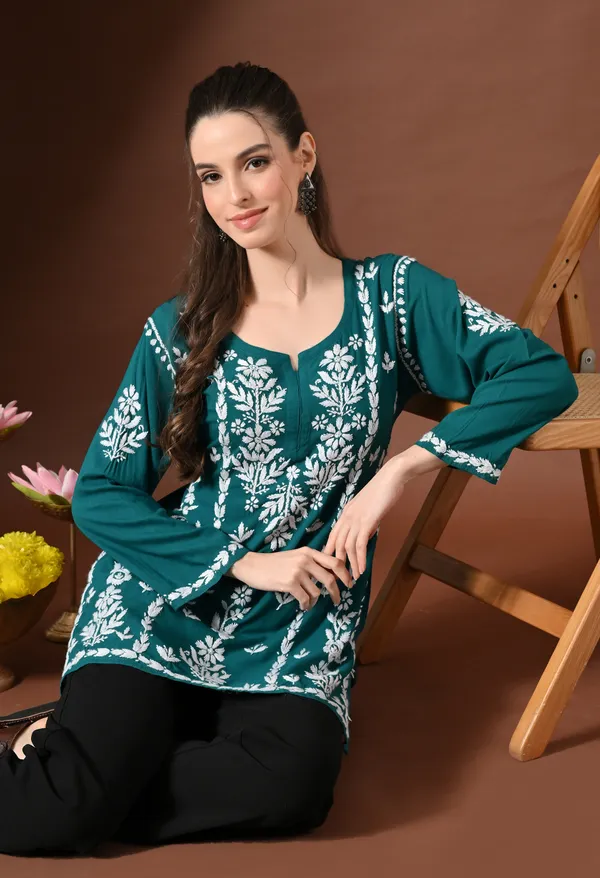 Lucknowi_Chikankari_Short_Kurta_in_Rayon_-_Teal_Green