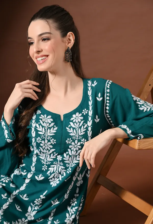 Lucknowi_Chikankari_Short_Kurta_in_Rayon_-_Teal_Green