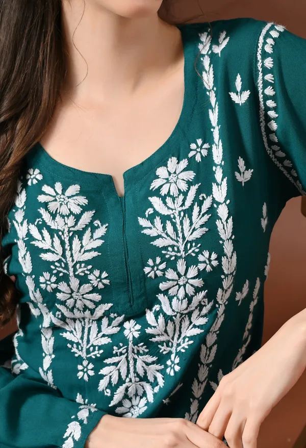 Lucknowi_Chikankari_Short_Kurta_in_Rayon_-_Teal_Green