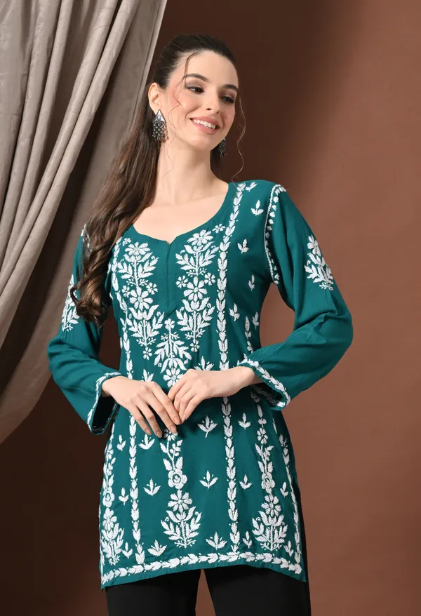 Lucknowi_Chikankari_Short_Kurta_in_Rayon_-_Teal_Green