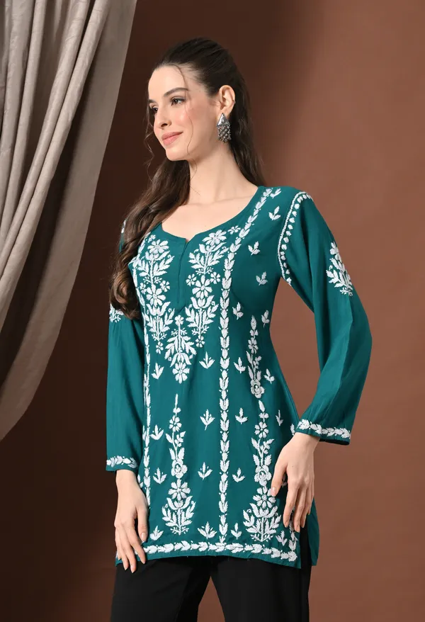 Lucknowi_Chikankari_Short_Kurta_in_Rayon_-_Teal_Green