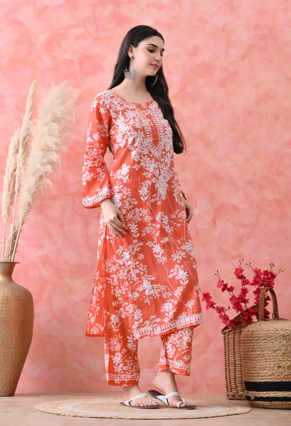 Hand_Embroidered_Chikankari_Mulmul_Plazo_Set-Orange