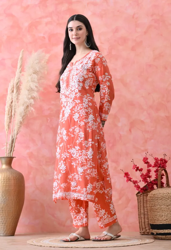 Hand_Embroidered_Chikankari_Mulmul_Plazo_Set-Orange