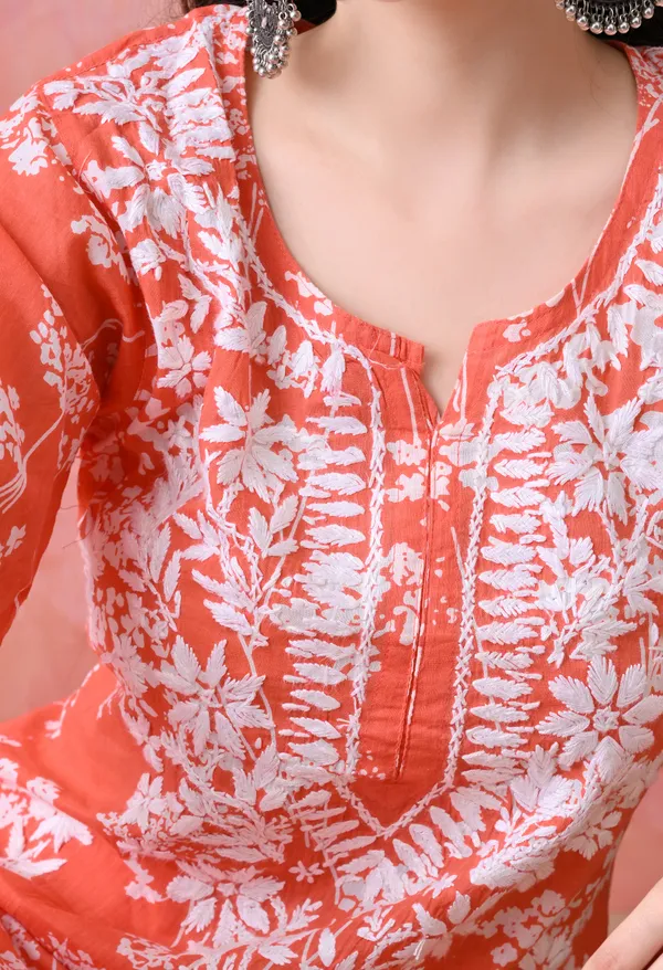 Hand_Embroidered_Chikankari_Mulmul_Plazo_Set-Orange