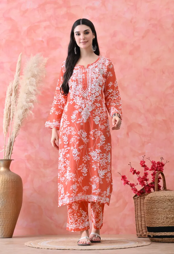 Hand_Embroidered_Chikankari_Mulmul_Plazo_Set-Orange