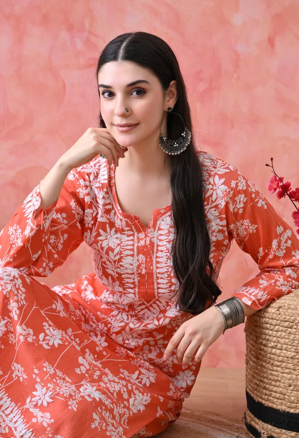 Hand_Embroidered_Chikankari_Mulmul_Plazo_Set-Orange