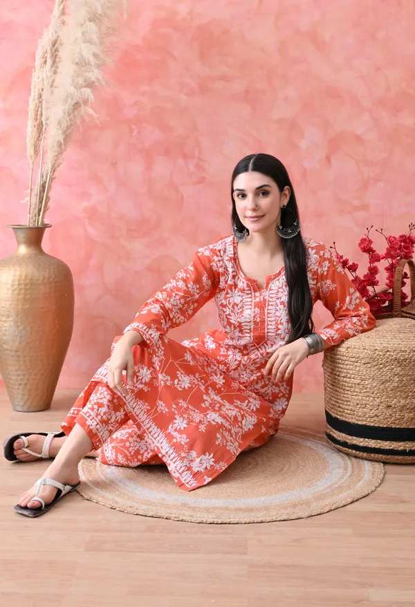 Hand_Embroidered_Chikankari_Mulmul_Plazo_Set-Orange