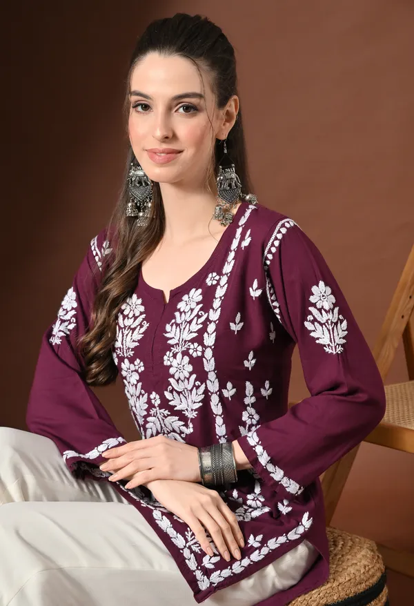 Lucknowi_Chikankari_Short_Kurta_in_Rayon_-_Wine