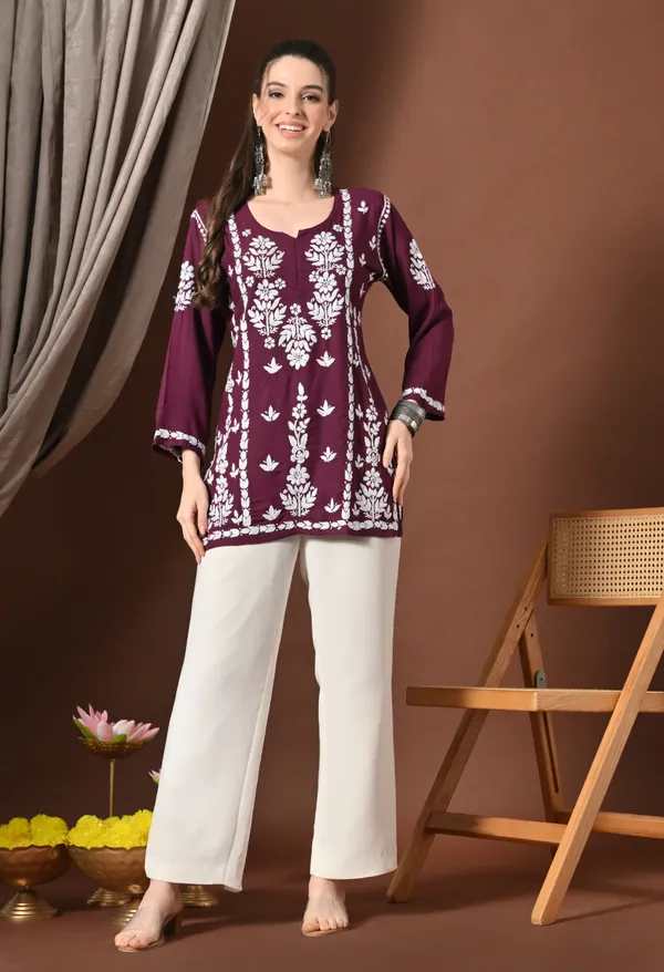 Lucknowi_Chikankari_Short_Kurta_in_Rayon_-_Wine