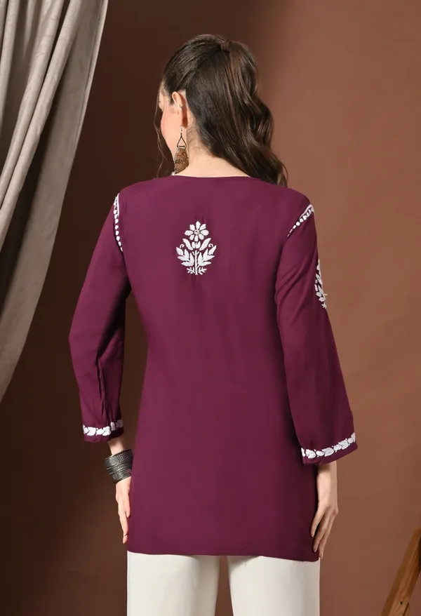 Lucknowi_Chikankari_Short_Kurta_in_Rayon_-_Wine