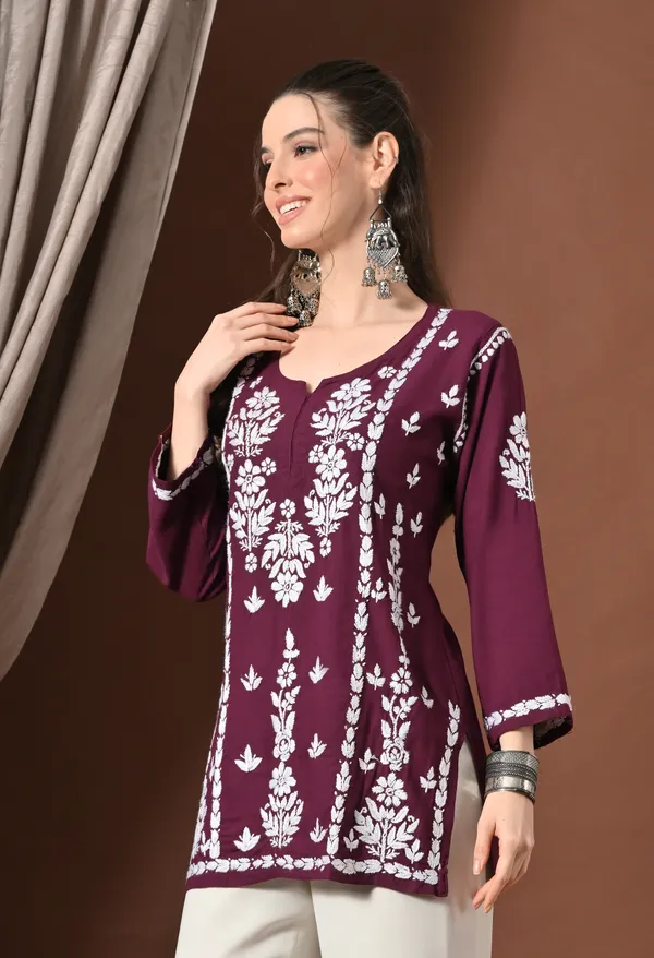 Lucknowi_Chikankari_Short_Kurta_in_Rayon_-_Wine