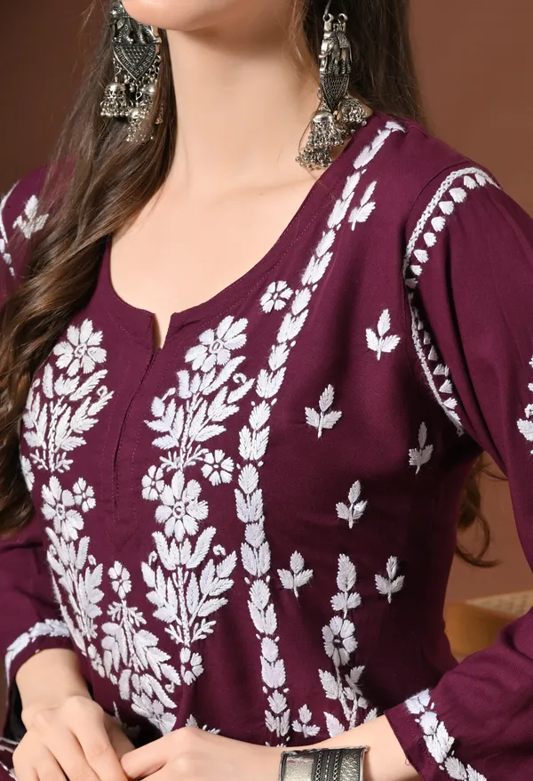 Lucknowi_Chikankari_Short_Kurta_in_Rayon_-_Wine