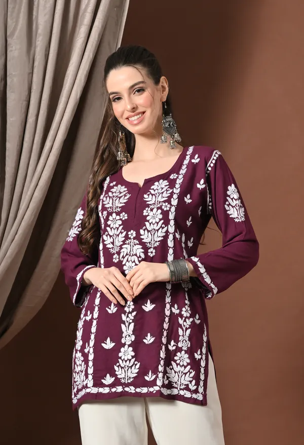 Lucknowi_Chikankari_Short_Kurta_in_Rayon_-_Wine