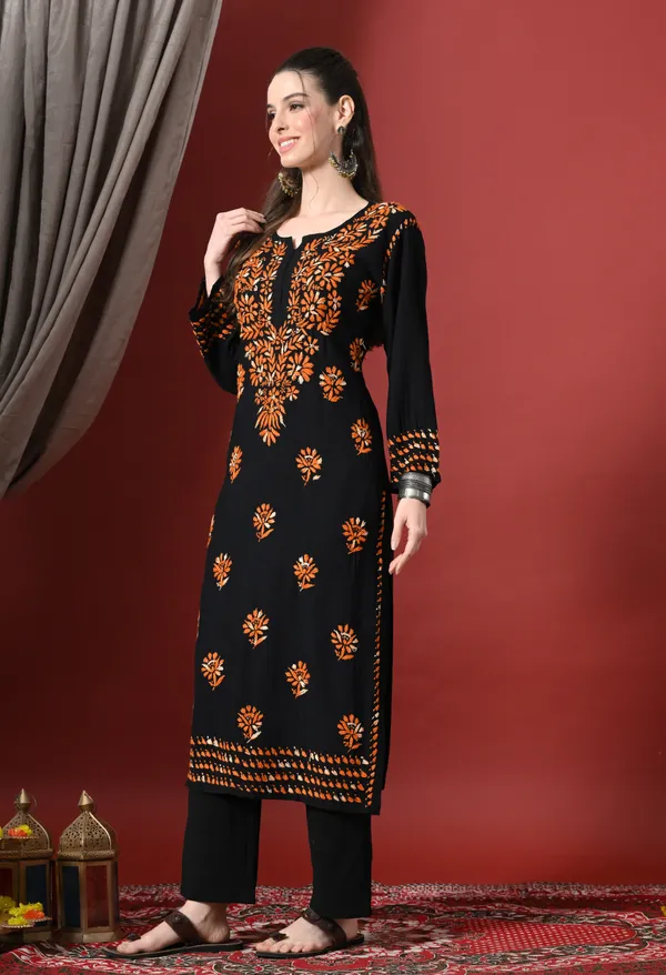 Black_&_Orange_work_Handcrafted_Chikankari_Kurta
