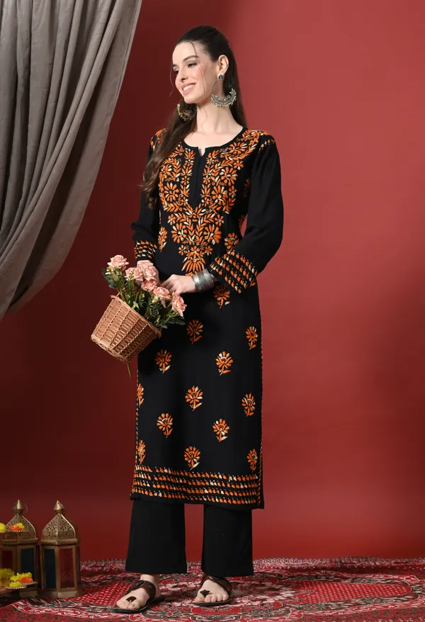 Black_&_Orange_work_Handcrafted_Chikankari_Kurta
