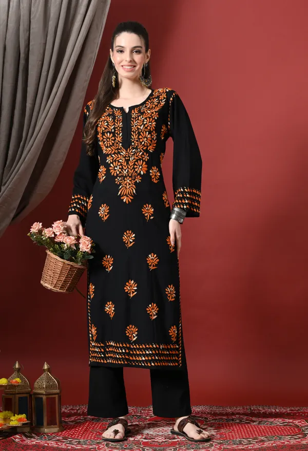 Black_&_Orange_work_Handcrafted_Chikankari_Kurta