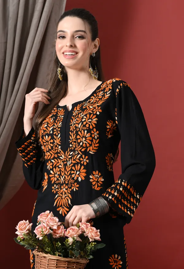 Black_&_Orange_work_Handcrafted_Chikankari_Kurta