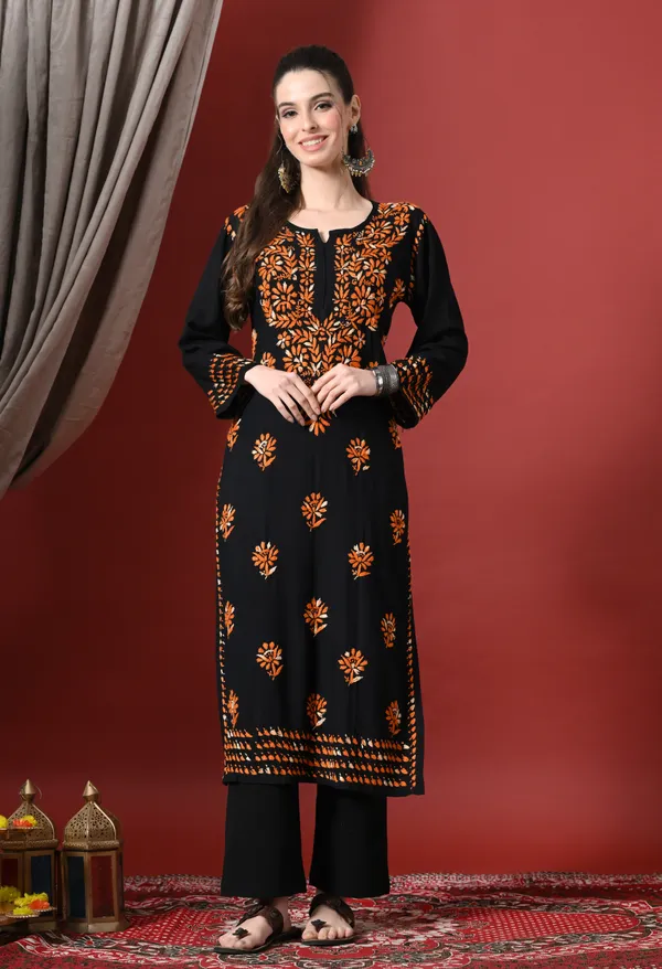 Black_&_Orange_work_Handcrafted_Chikankari_Kurta